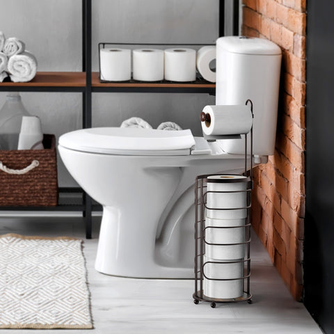 Simple Houseware bronze toilet paper holder wooden shelf elevates rolls away from moisture