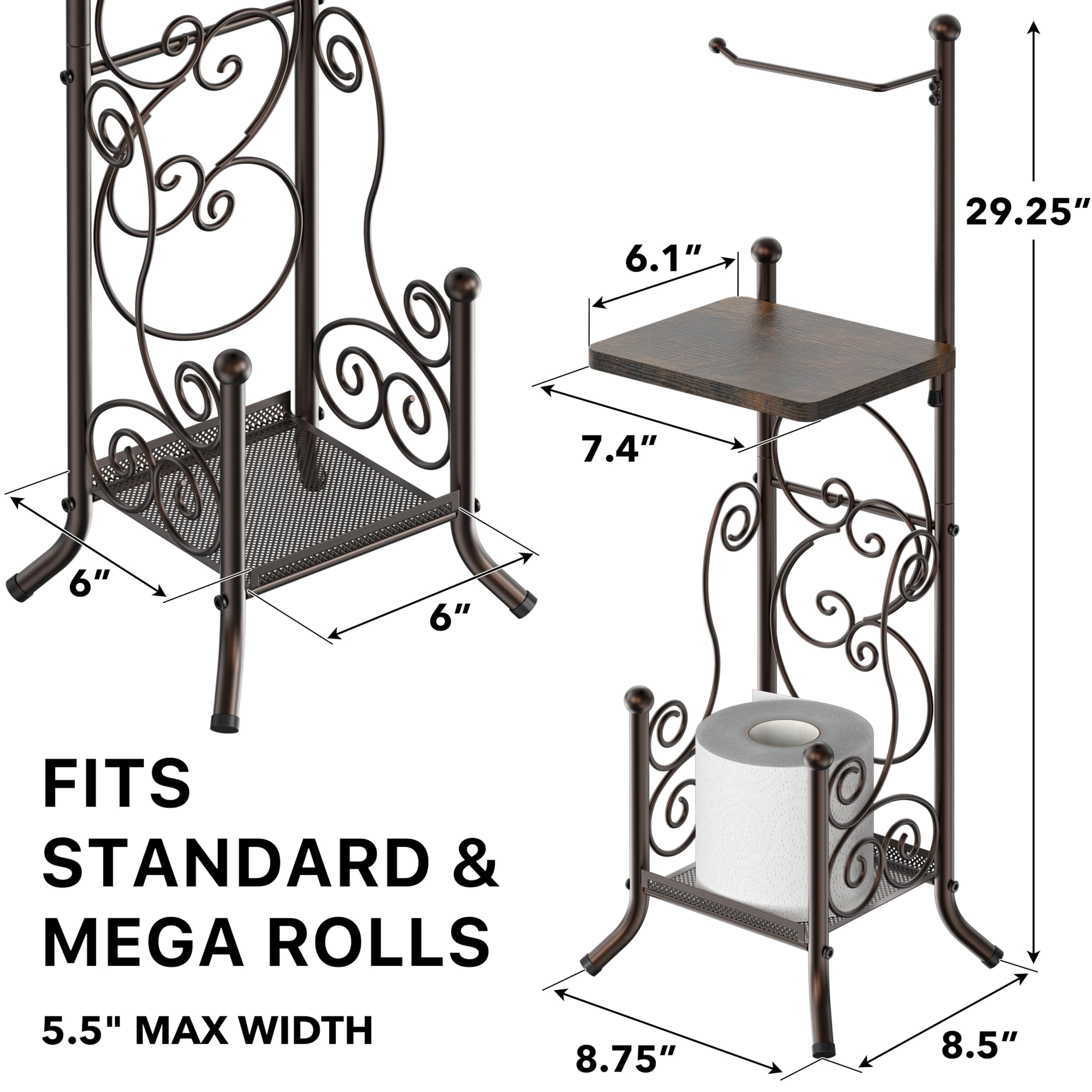 Simple Houseware bronze toilet roll holder with shelf keeps phone and wipes within reach.