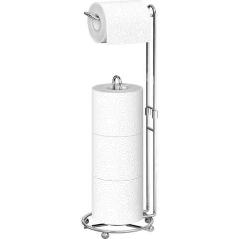 Simple Houseware toilet paper holder in chrome, freestanding for easy bathroom setup.