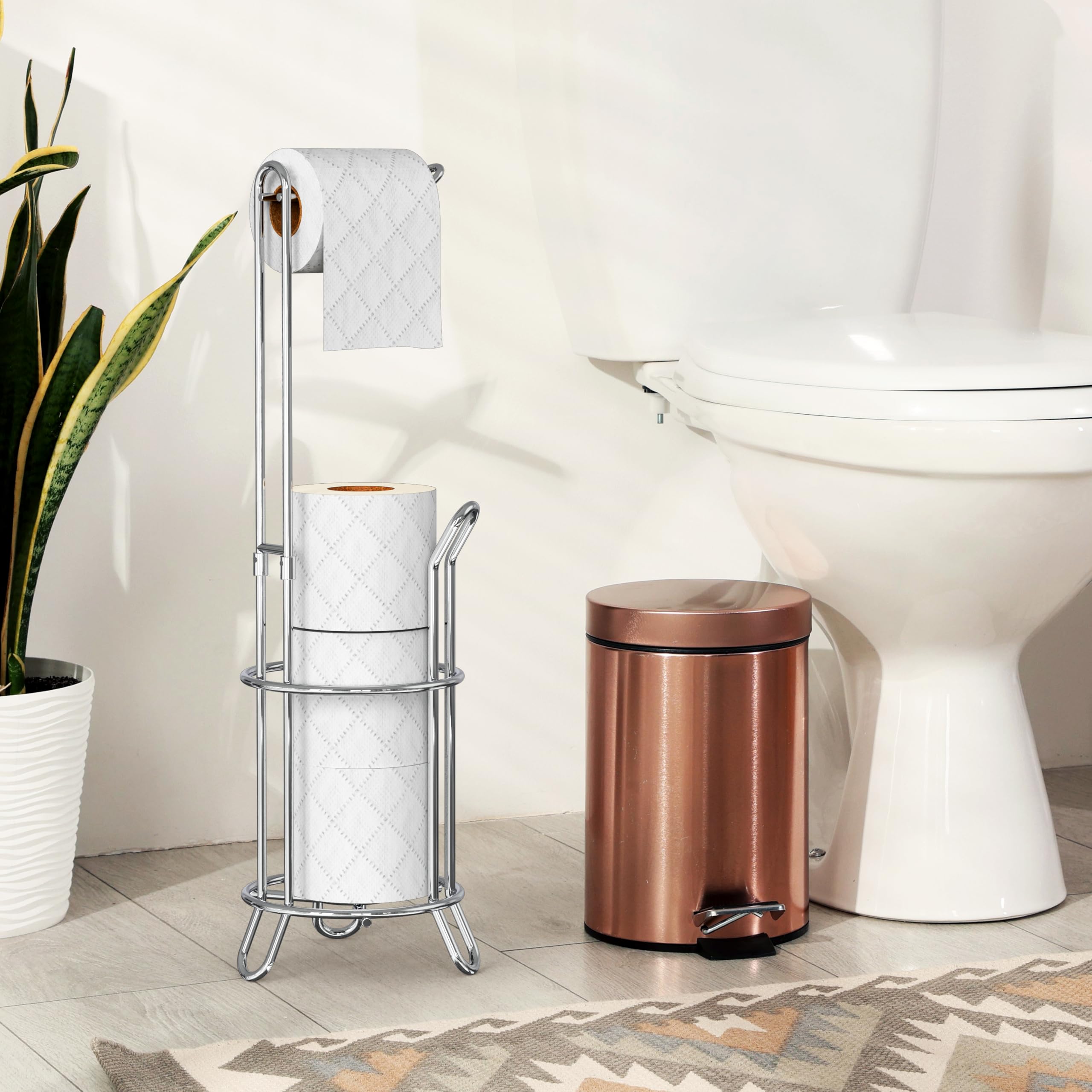 Simple Houseware free-standing chrome holder fits any bathroom layout.