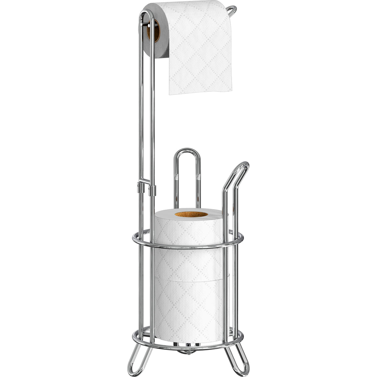 Simple Houseware chrome toilet roll stand shown from front view, keeping rolls tidy and accessible.
