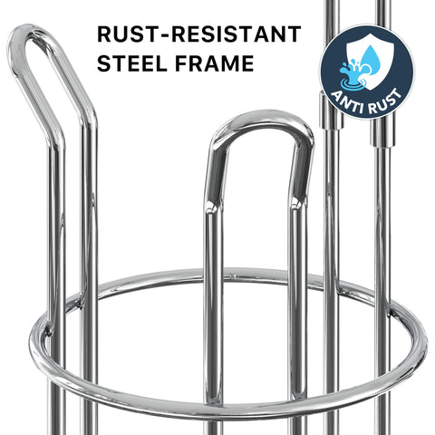 Simple Houseware raised-base chrome stand elevates rolls for clean, dry storage.