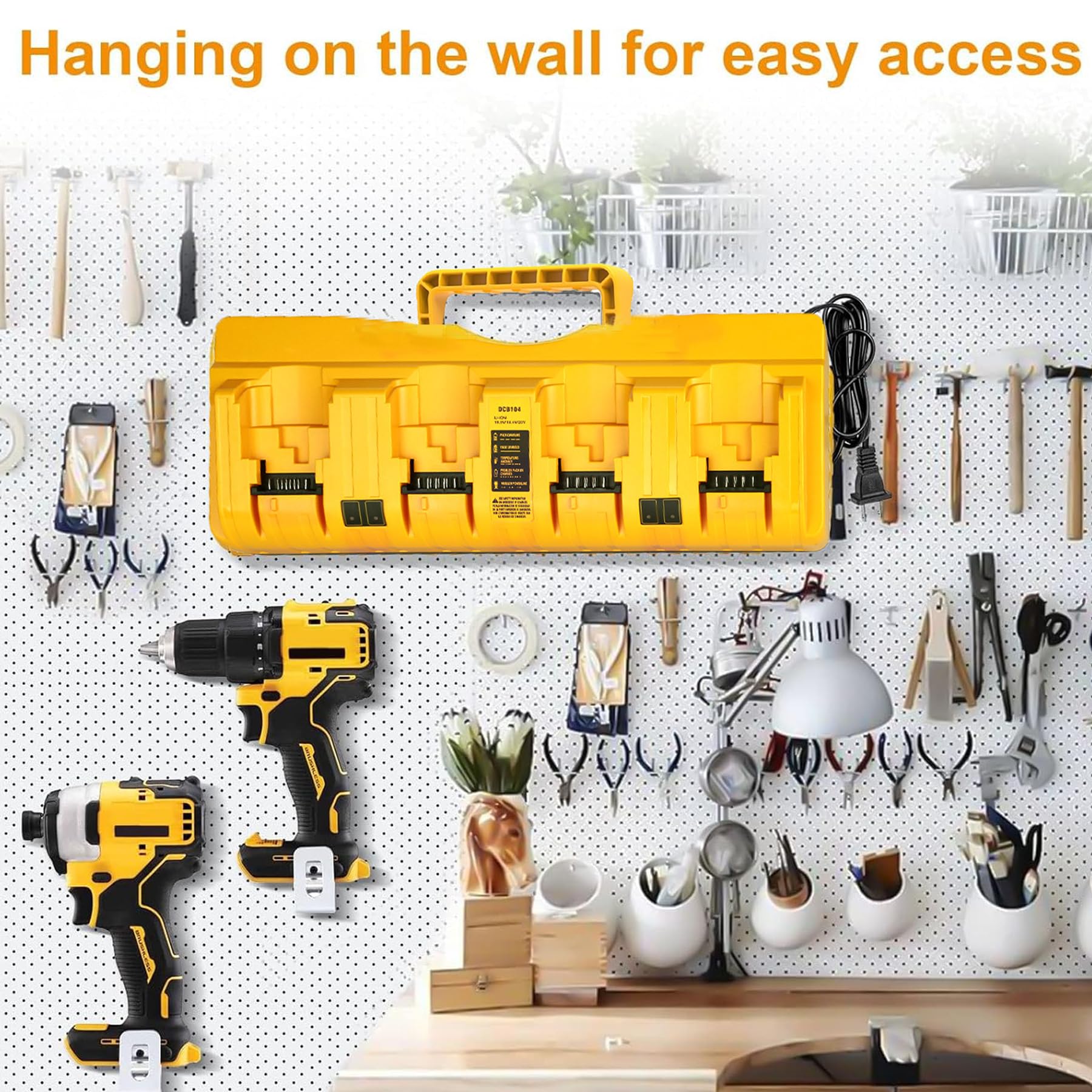 Simple Plus+ charger in use with Dewalt batteries, staying organized and ready.