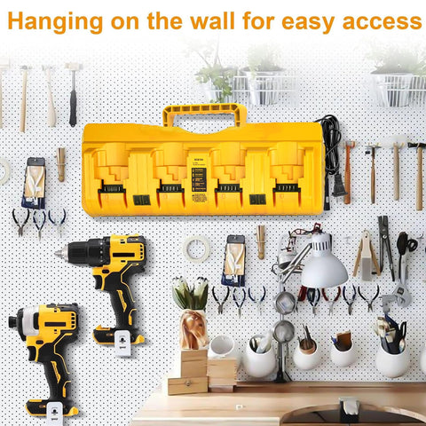 Simple Plus+ charger in use with Dewalt batteries, staying organized and ready.