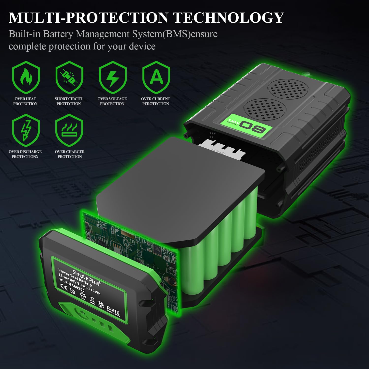 Simple Plus+ 80V battery compatible with all Greenworks tools for versatile use