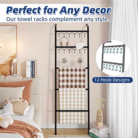 Simple Trending blanket ladder with 12 hooks holds towels and accessories.
