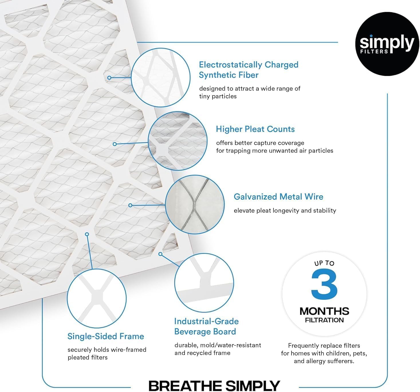 Simply filter lasts up to 3 months for low-maintenance replacement.