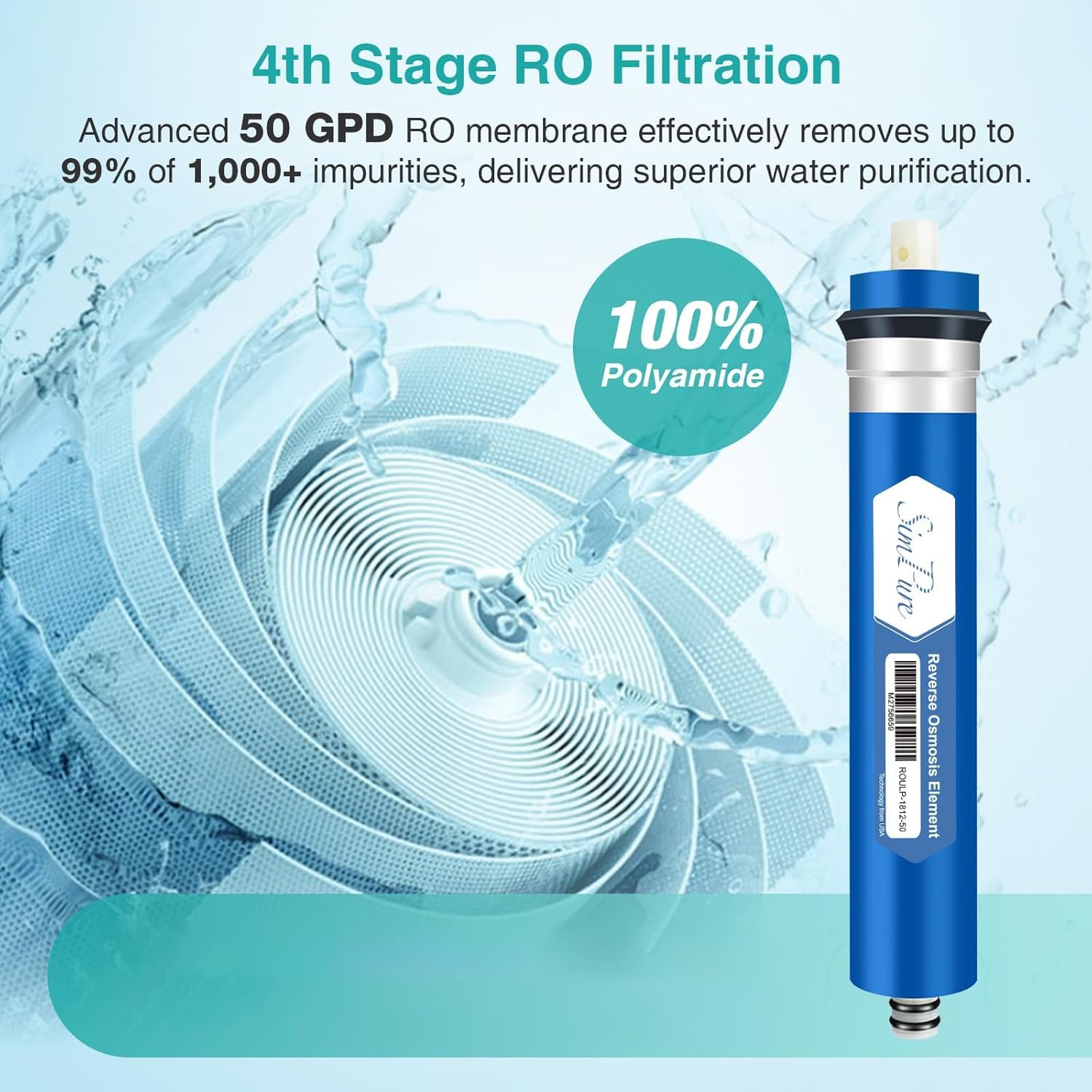 SimPure 50 GPD RO membrane closeup with high salt rejection