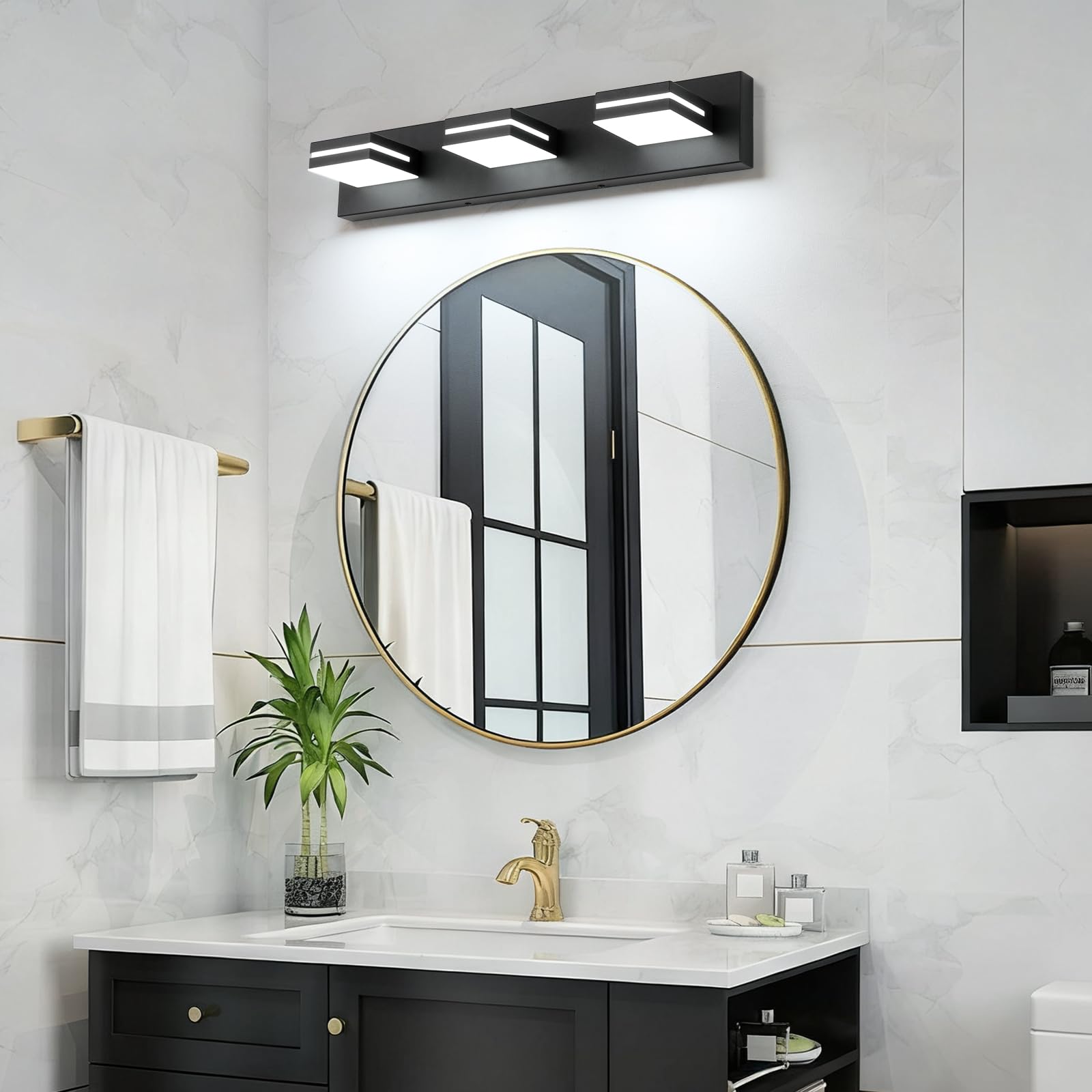 SineRise 3-light fixture detail emphasizes durable electroplated frame resisting moisture and corrosion.