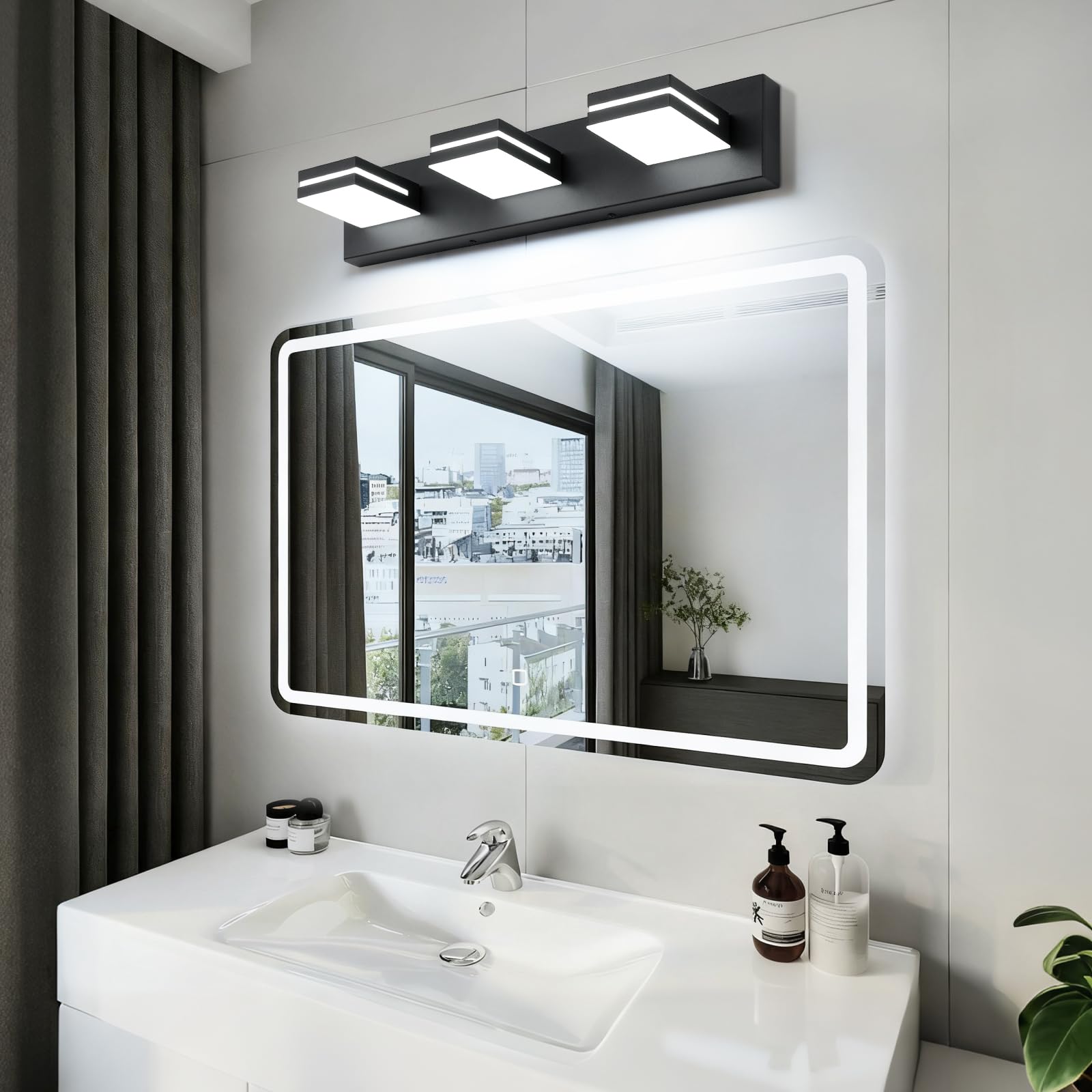 SineRise matte black vanity light mounted profile showing moisture-proof seals for humid spaces.