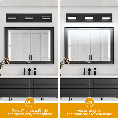 SineRise 3-light vanity fixture front view demonstrates even wall lighting across mirror.