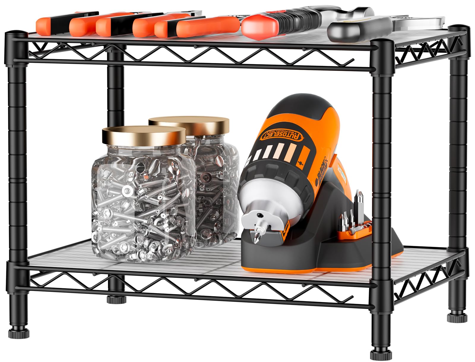 SINGAYE 2 small wire shelves leveling feet stabilize on uneven floors.