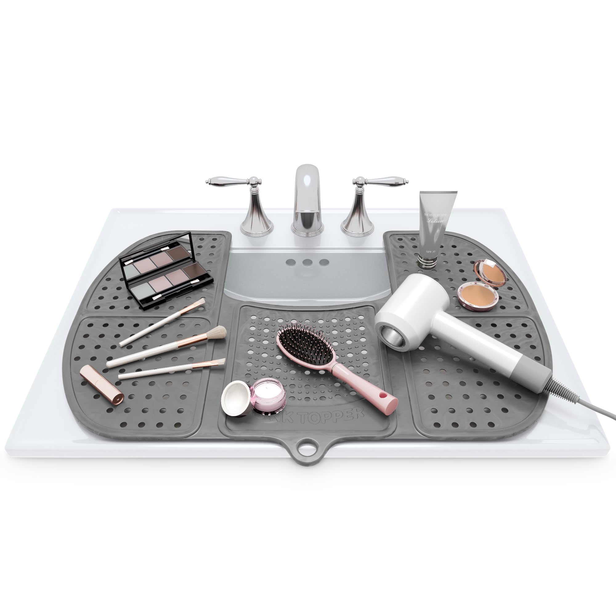 Sink Topper foldable silicone mat over sink adds space and protection.