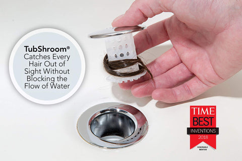SinkShroom installed inside sink drain showing tidy hair containment.