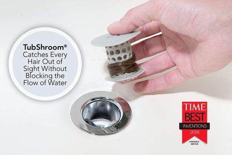 SinkShroom installed inside a bathroom sink drain for easy hair pickup.