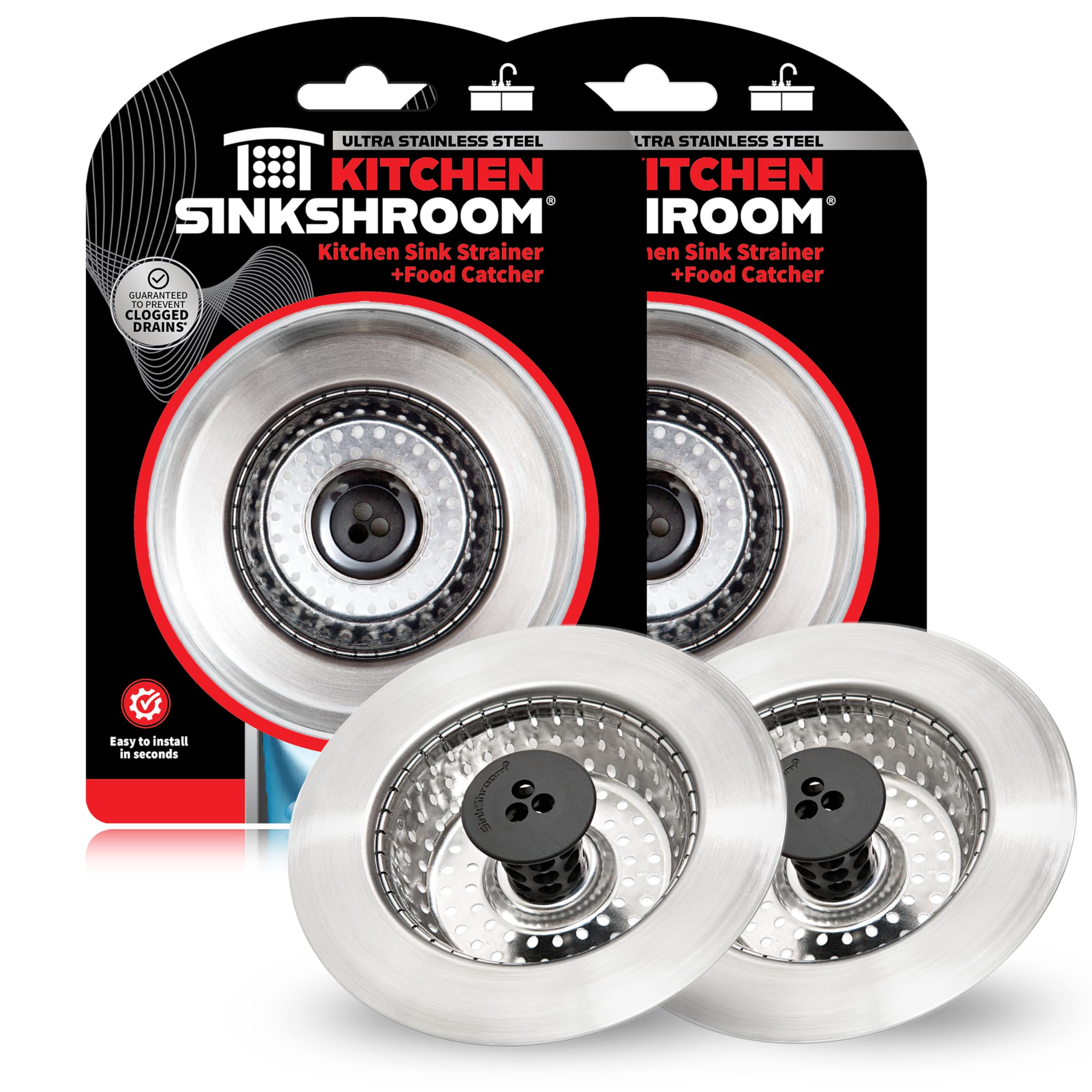 SinkShroom front view: stainless-steel sink strainer catches debris while preserving water flow.