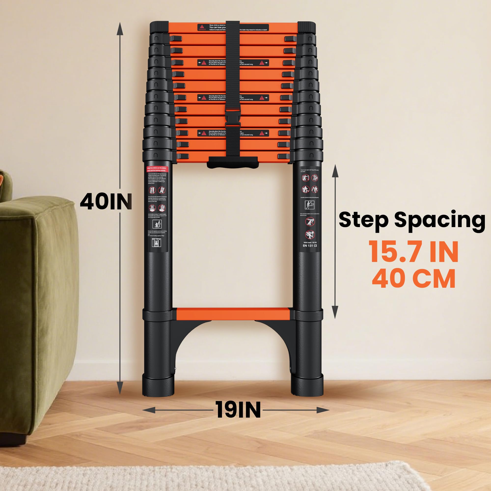 SINMEIRUN 16.5ft ladder folded for compact storage and portability.