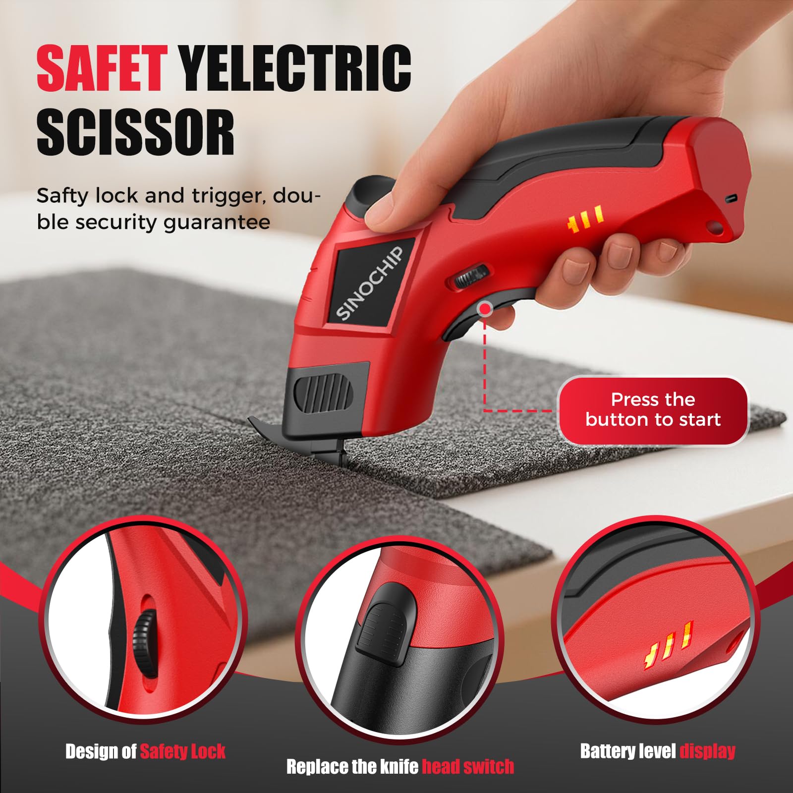 SINOCHIP electric scissors safety lock prevents accidental starts during use.