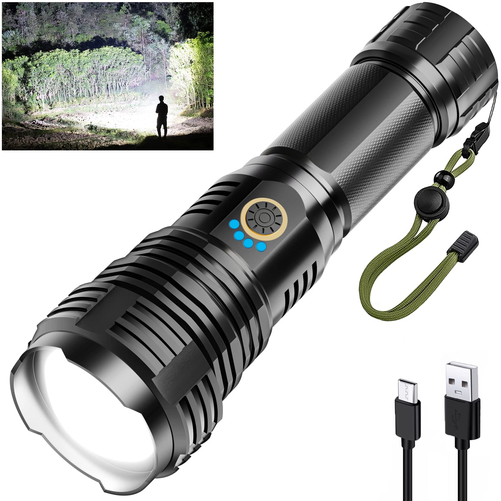 Sinvimes rechargeable flashlight in front view, ready for quick access and use.