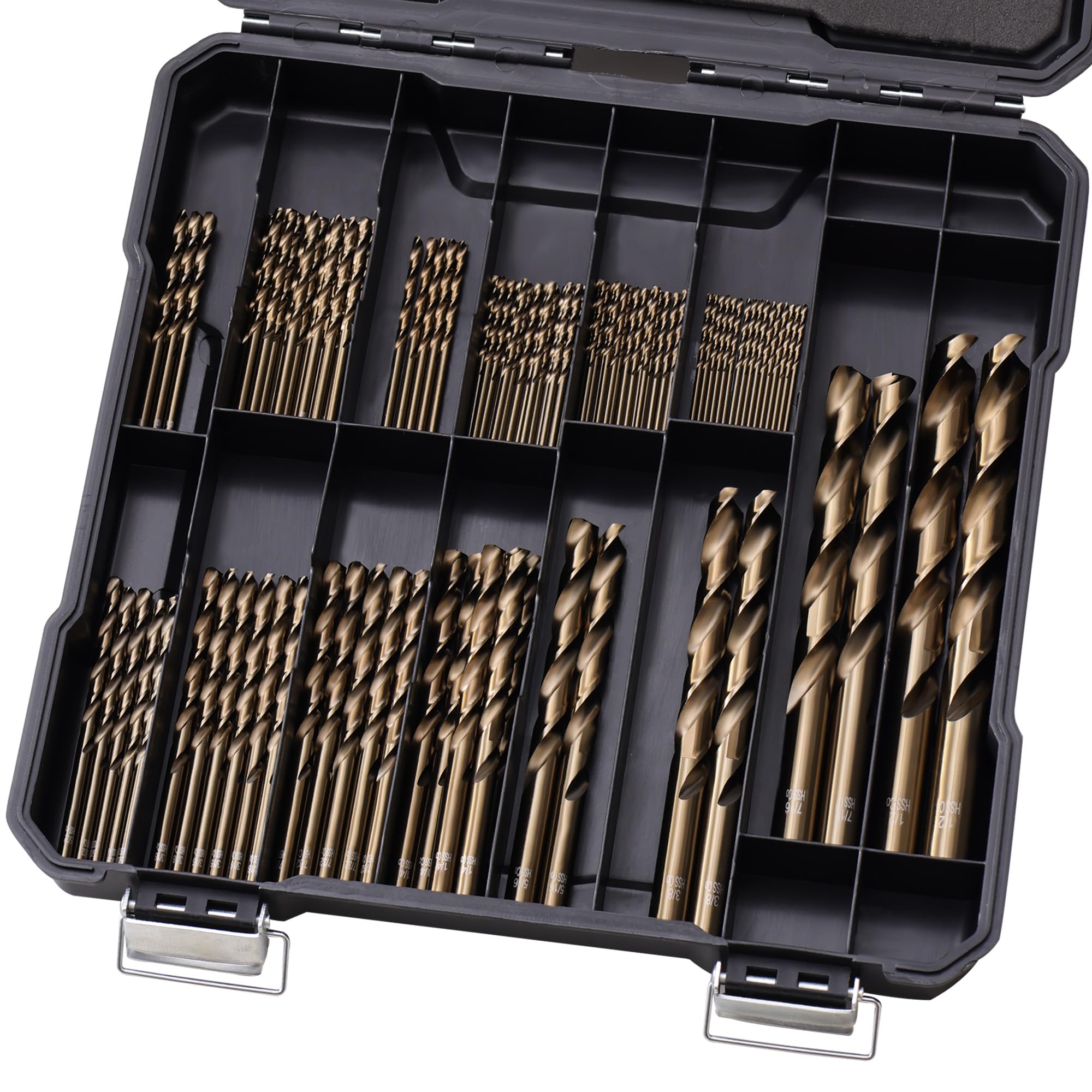 Sinyeenglon cobalt drill bits in index case for organized metalworking.