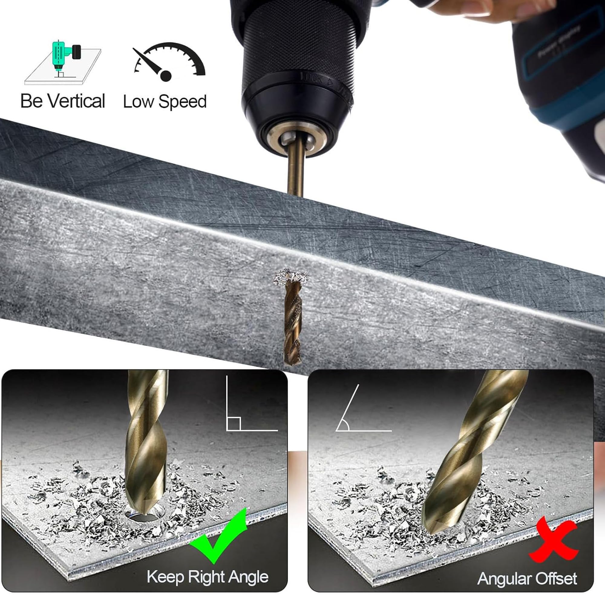 Sinyeenglon cobalt drill bits in-use metalwork scene on a steel surface.