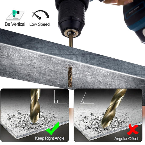 Sinyeenglon cobalt drill bits in-use metalwork scene on a steel surface.