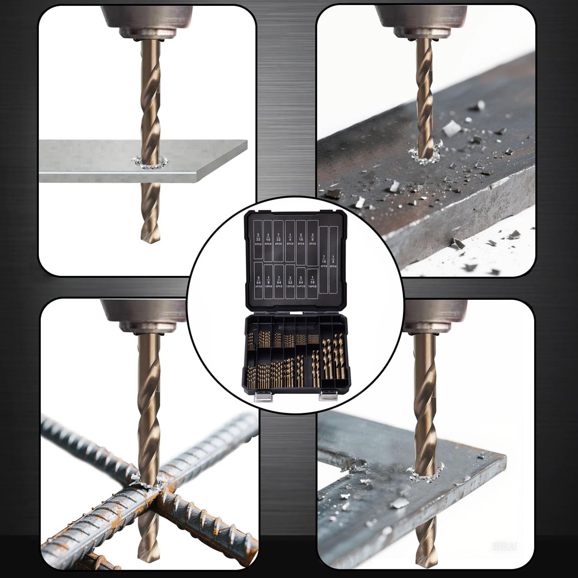 Sinyeenglon cobalt drill bits lid-labels view for quick size identification.
