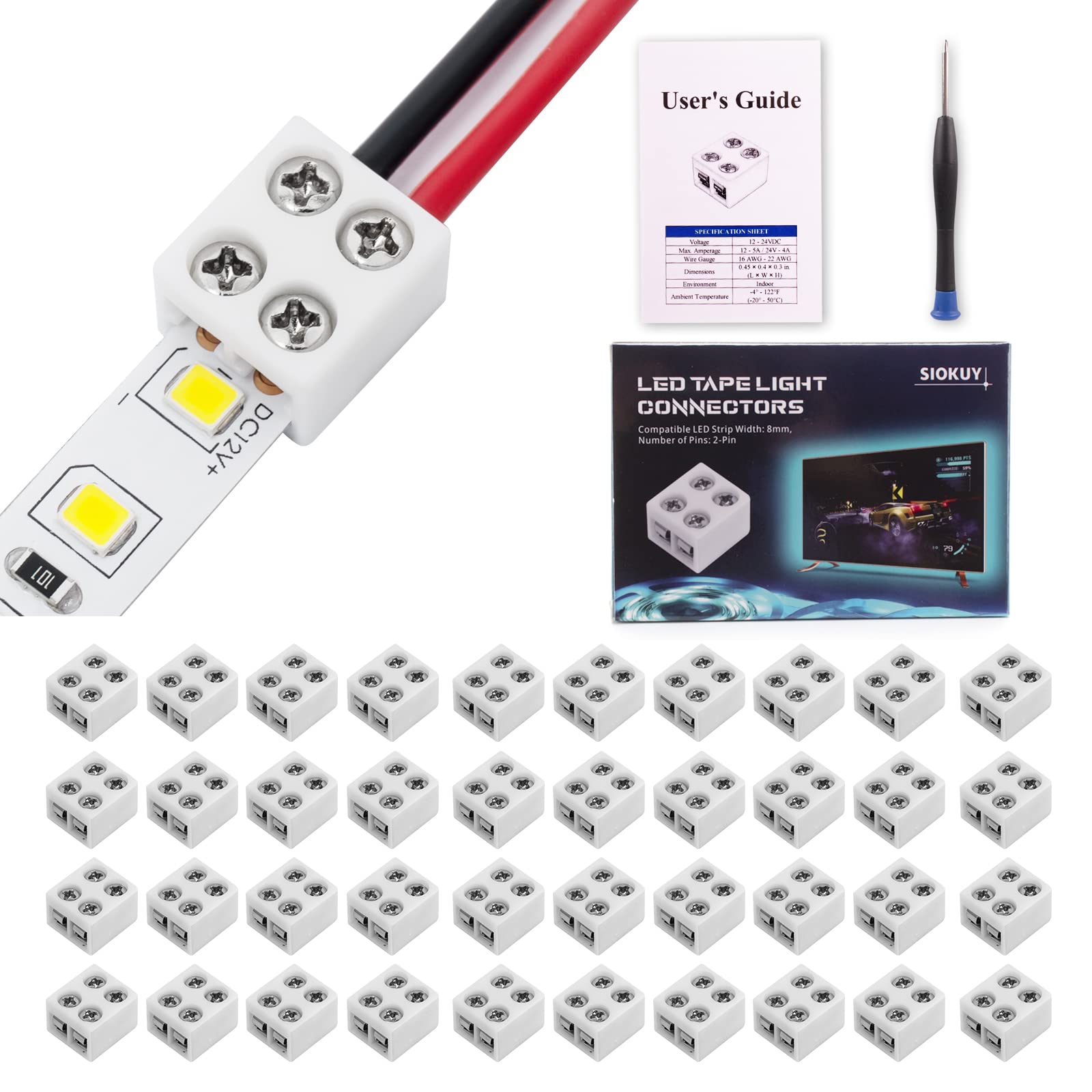 SIOKUY screw-fastening LED connector secures 8mm strips to wire for a stable setup