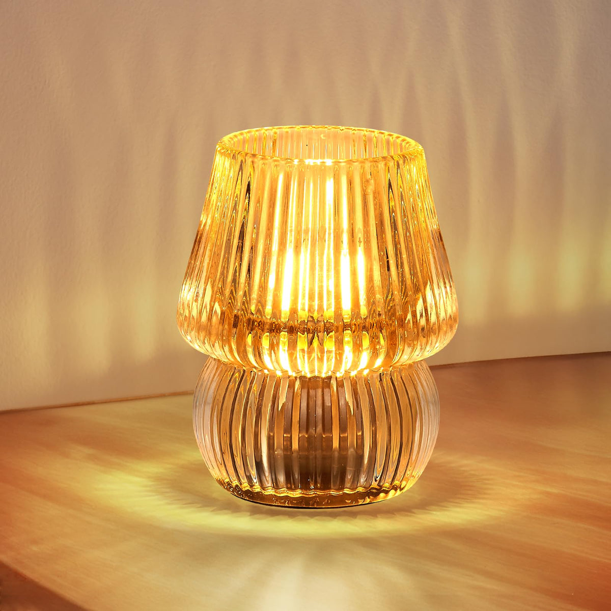 SisiHokai mushroom glass lamp with amber glow for cozy spaces.