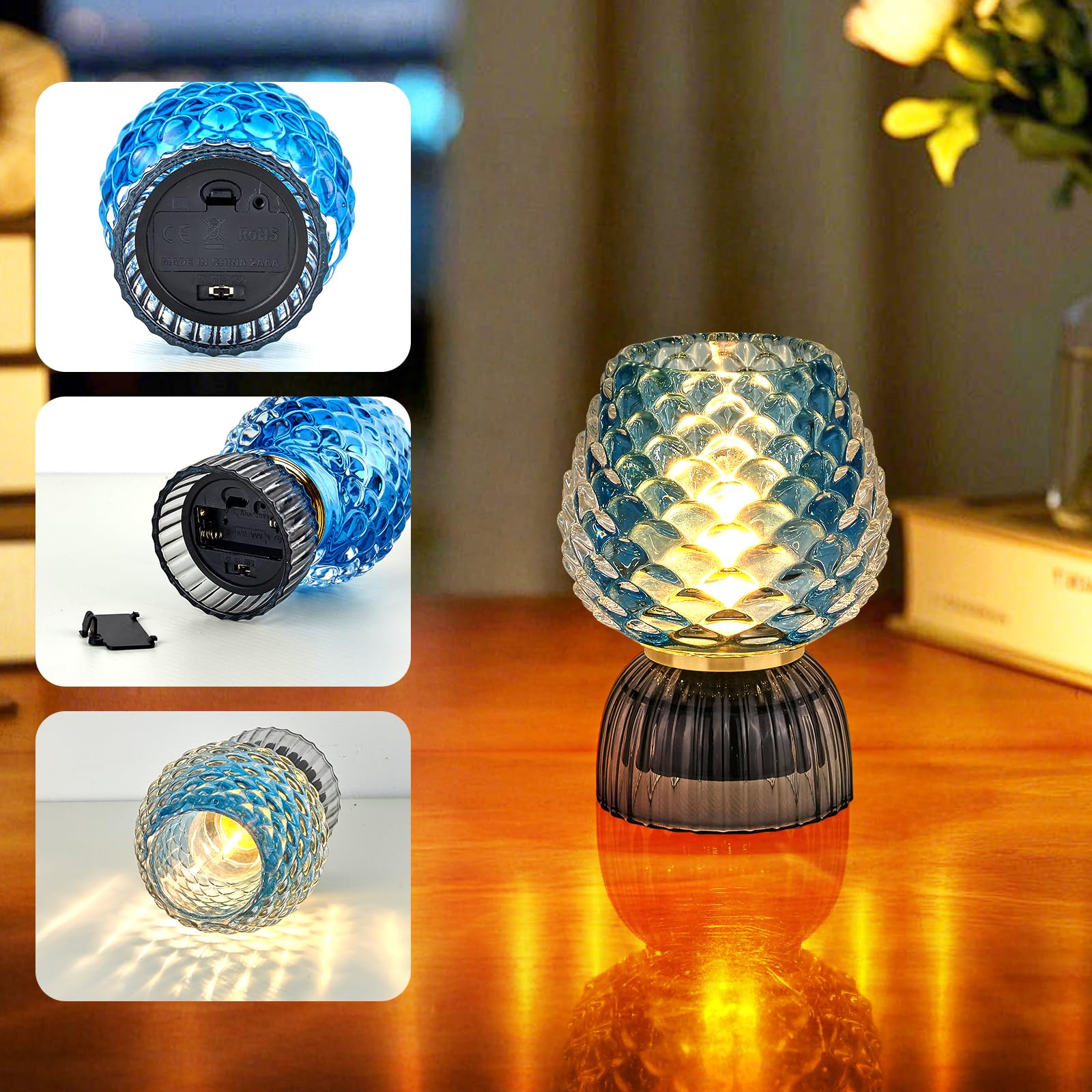 SisiHokai pinecone blue glass lamp at bathroom vanity ambient glow