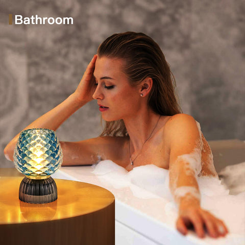 SisiHokai pinecone blue glass lamp on nightstand provides warm light