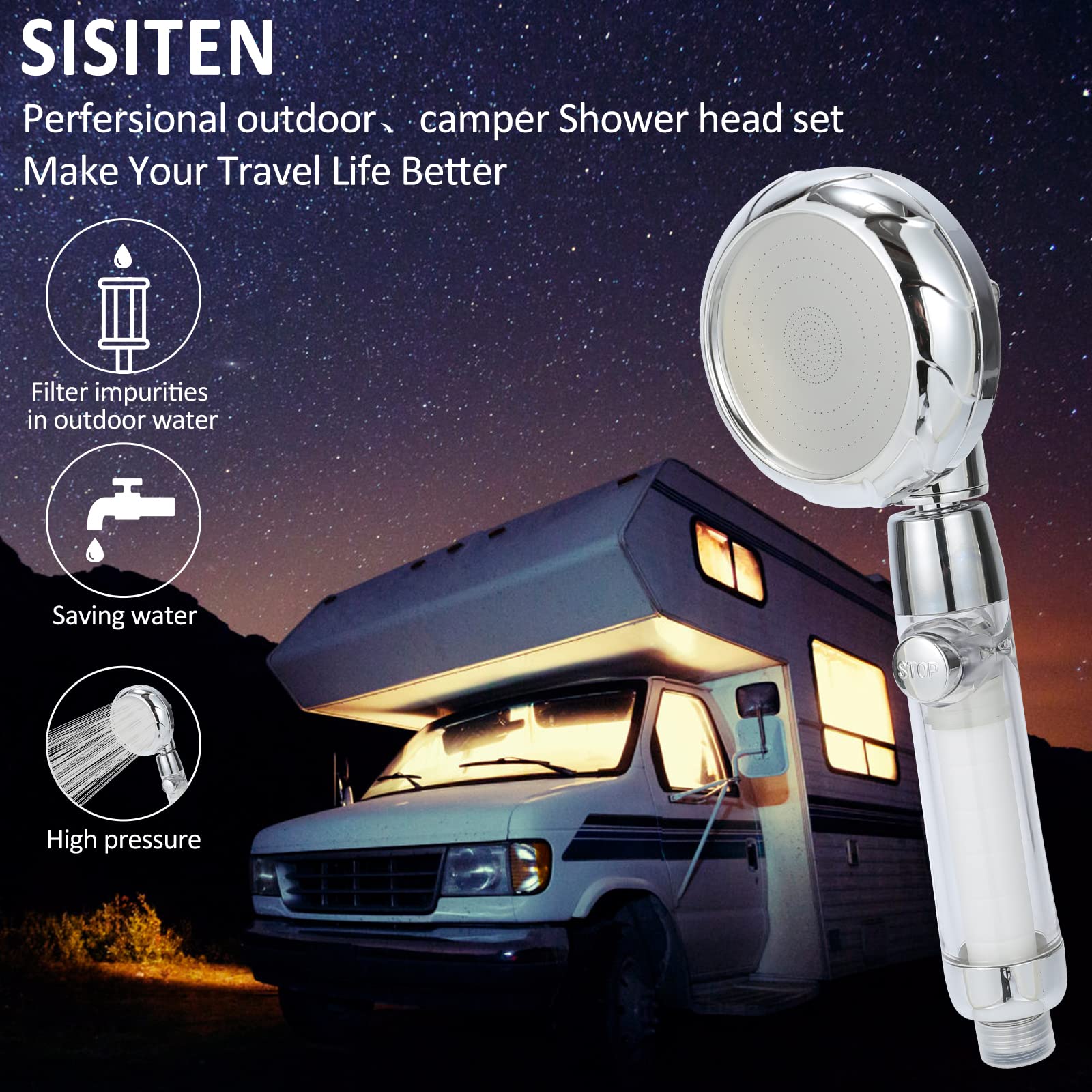 Sisiten RV shower head with on-off switch demonstrates easy water control during showers