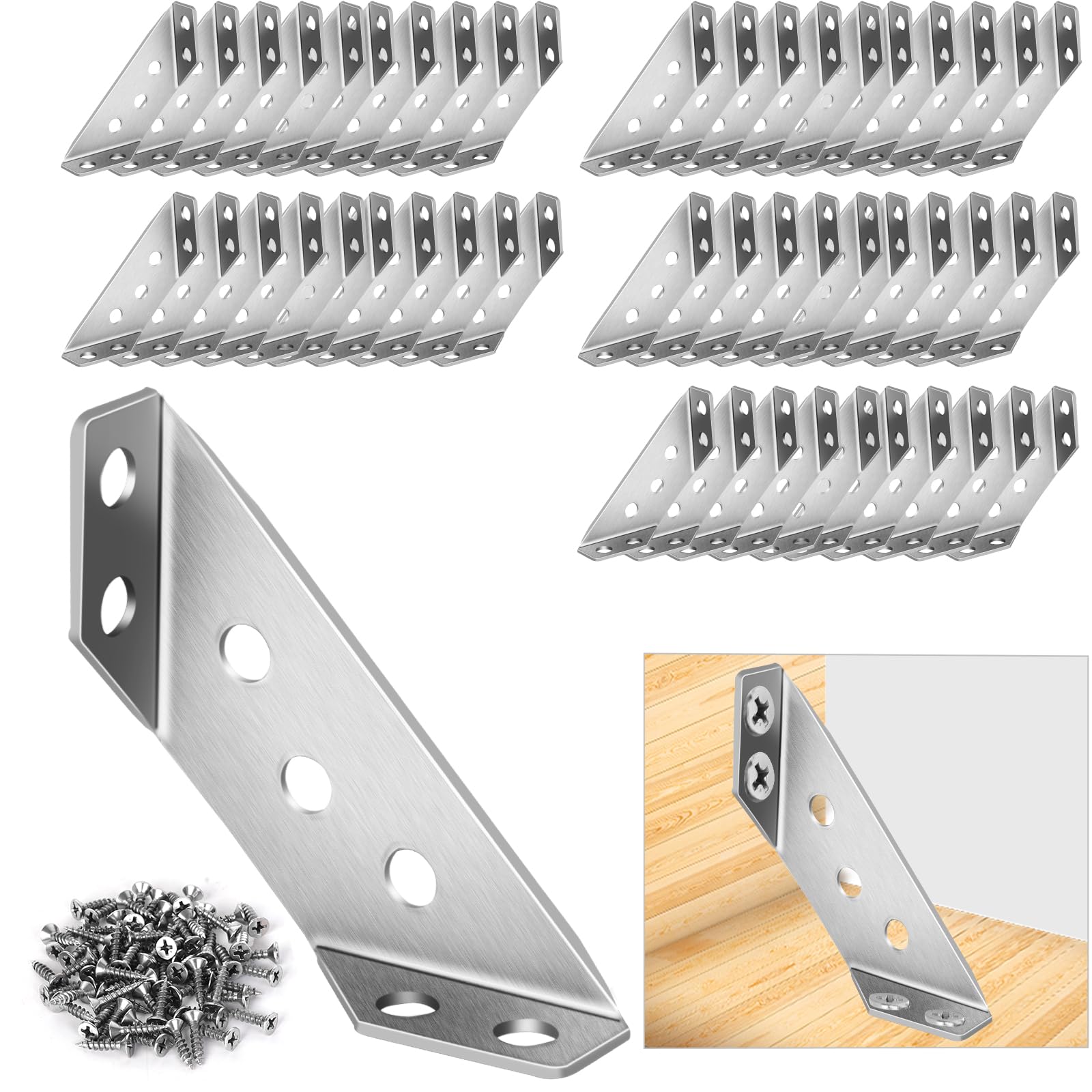 Sissinda 50pcs corner brackets pack reinforces furniture joints with durable stainless steel.