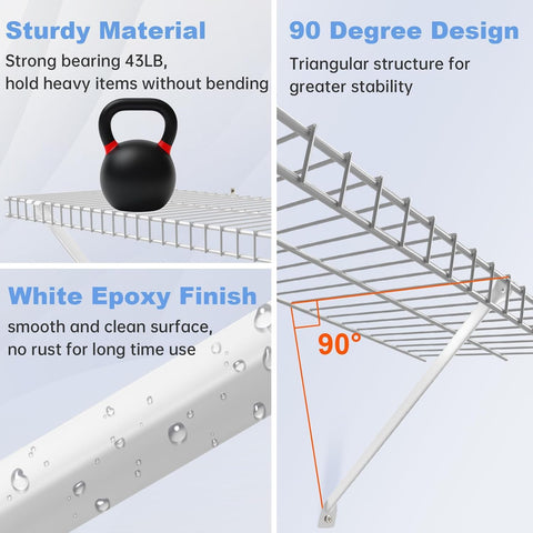 Close-up of Sissinda wire shelf clips securing shelves with balanced support.