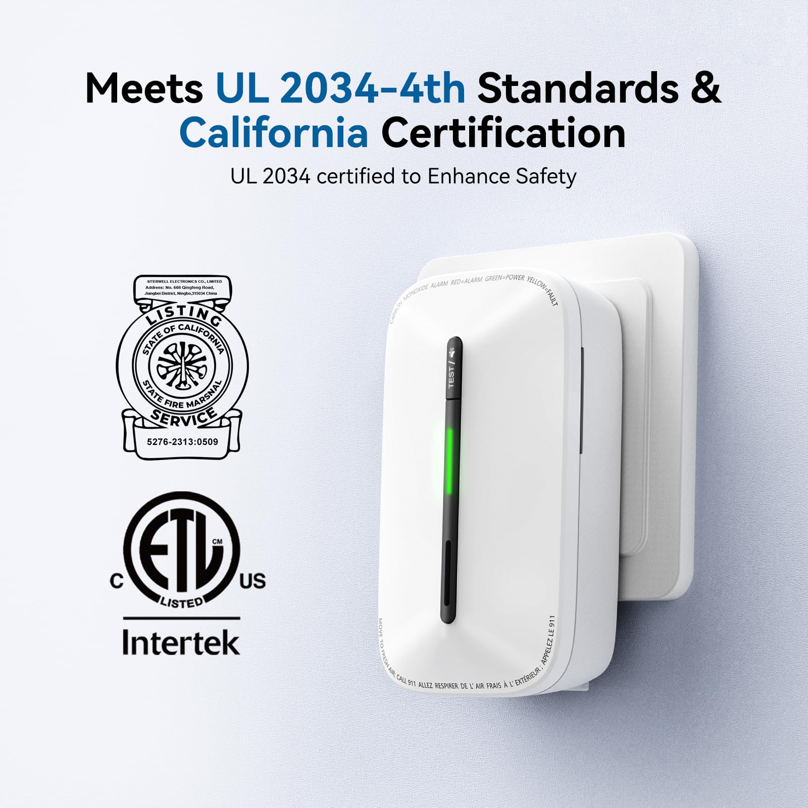 SITERWELL plug-in CO detector back view, outlet-friendly design