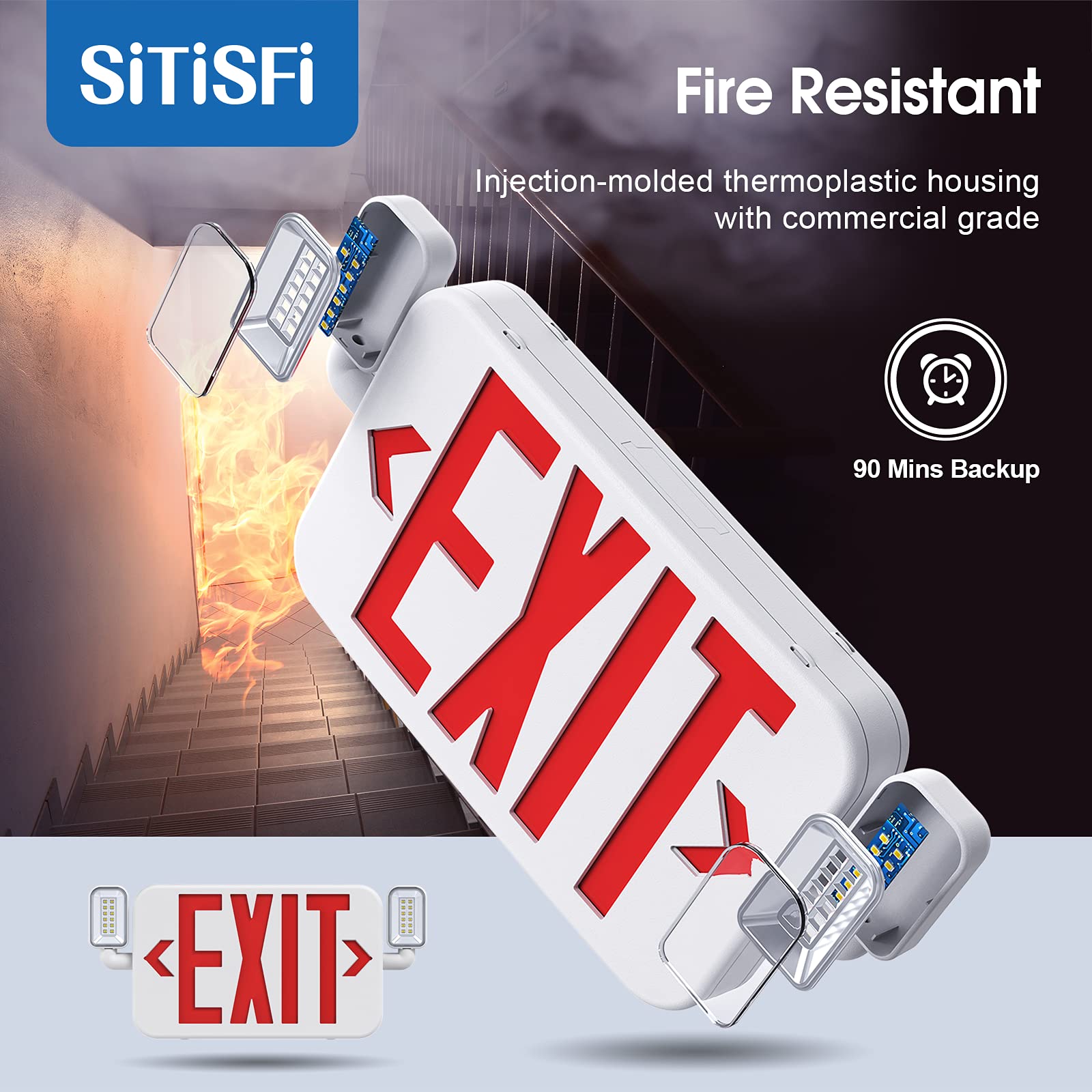 SITISFI exit sign ceiling-mounted illustrating flexible placement.