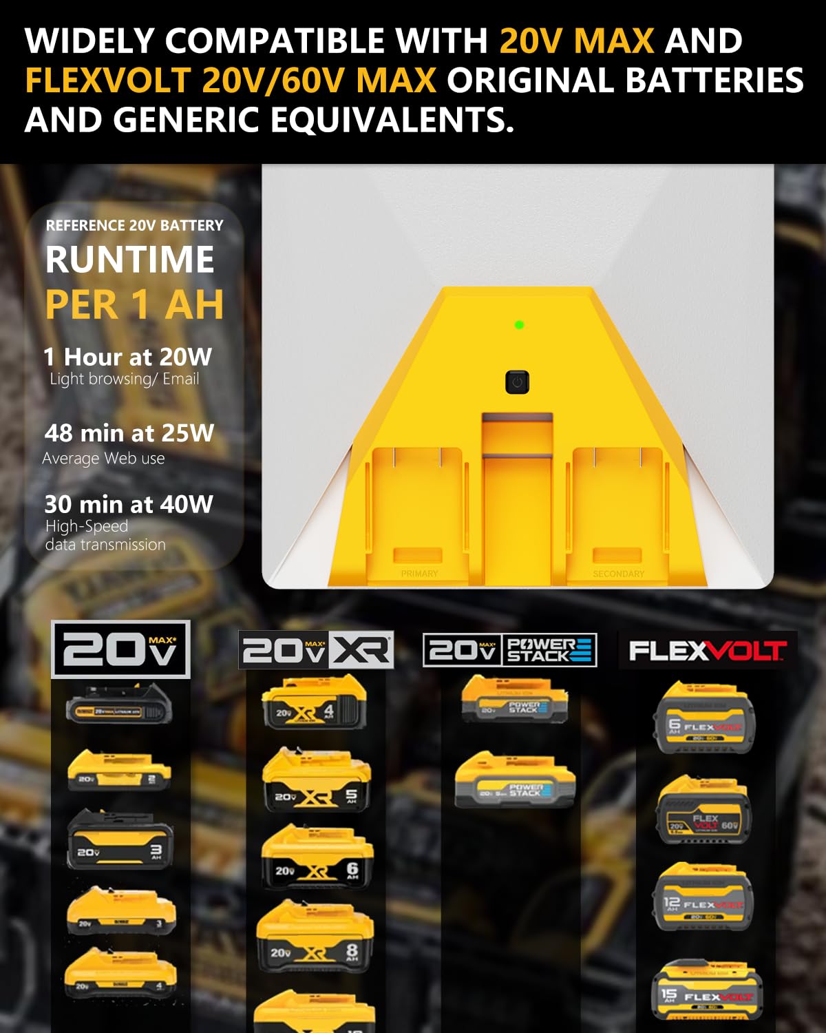 Two DeWalt batteries deliver longer operation without frequent recharges.