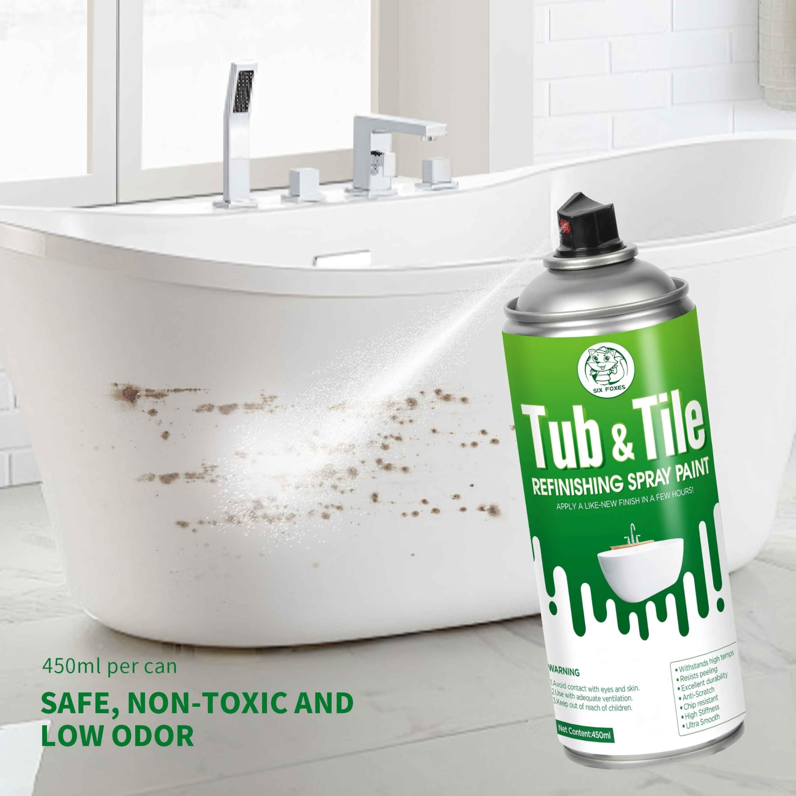 Six Foxes tub-tile spray white side label highlights adhesion potential