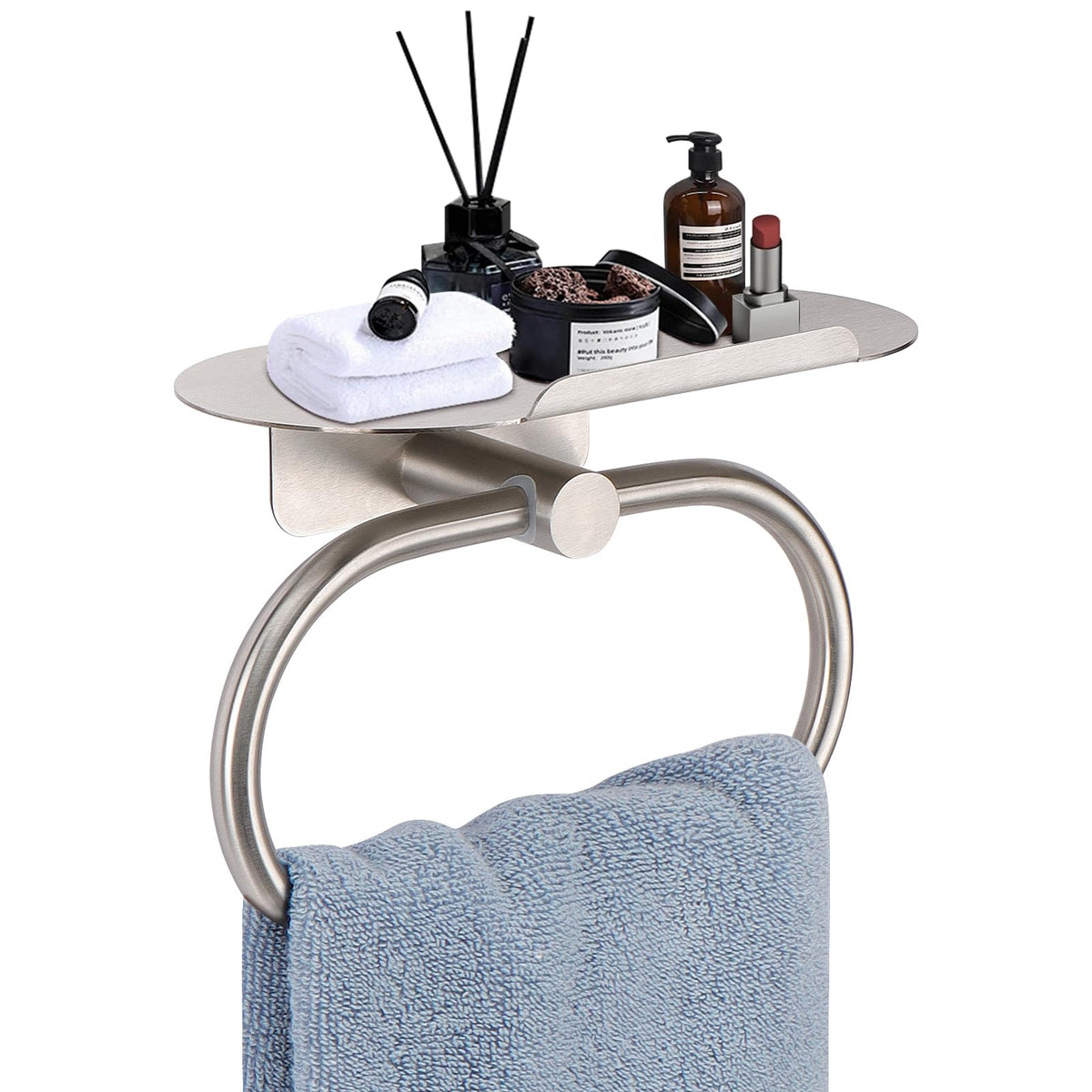 Siyzda hand towel ring with shelf in brushed nickel, wall-mounted for organized bathrooms
