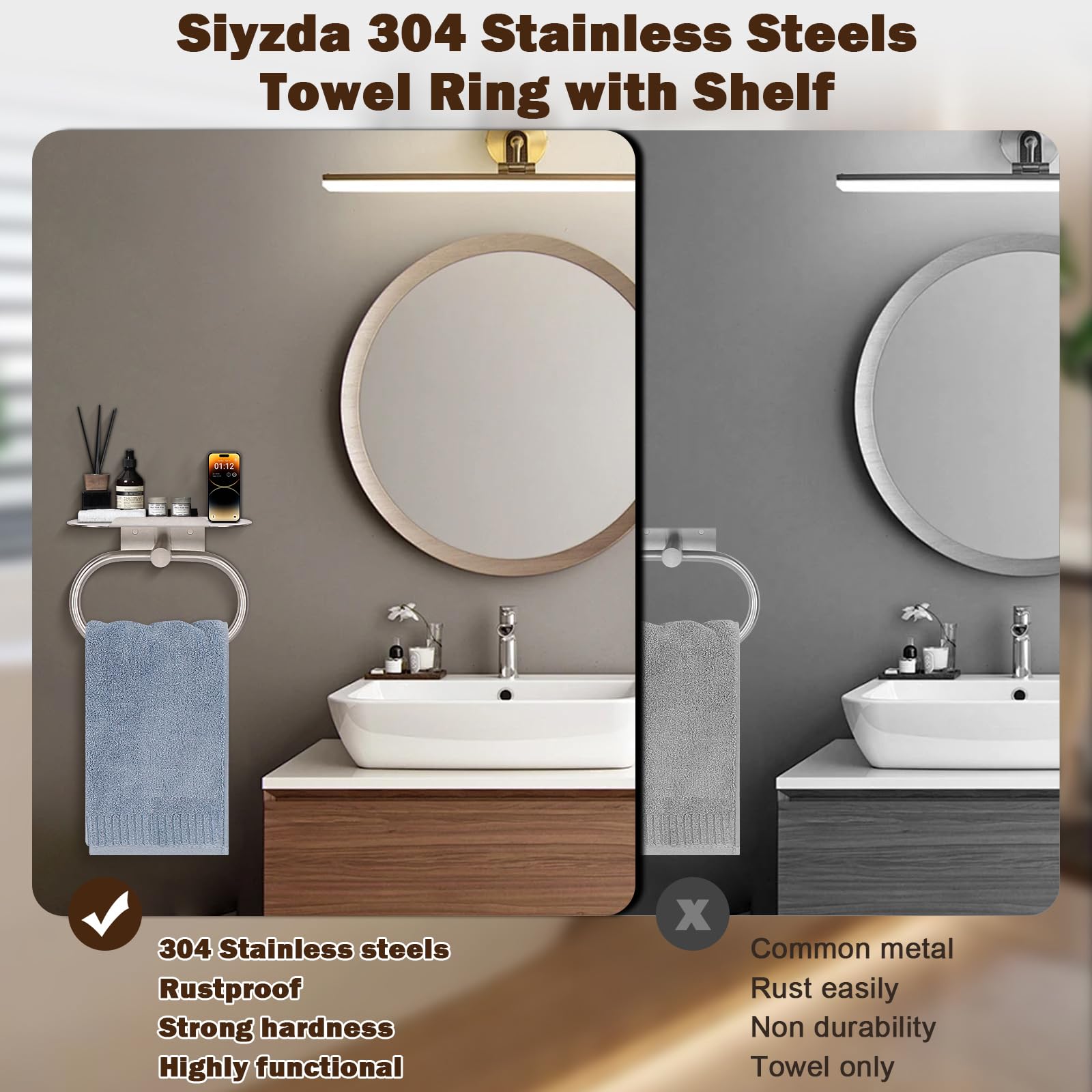 Siyzda swiveling towel ring with adjustable height for flexible use