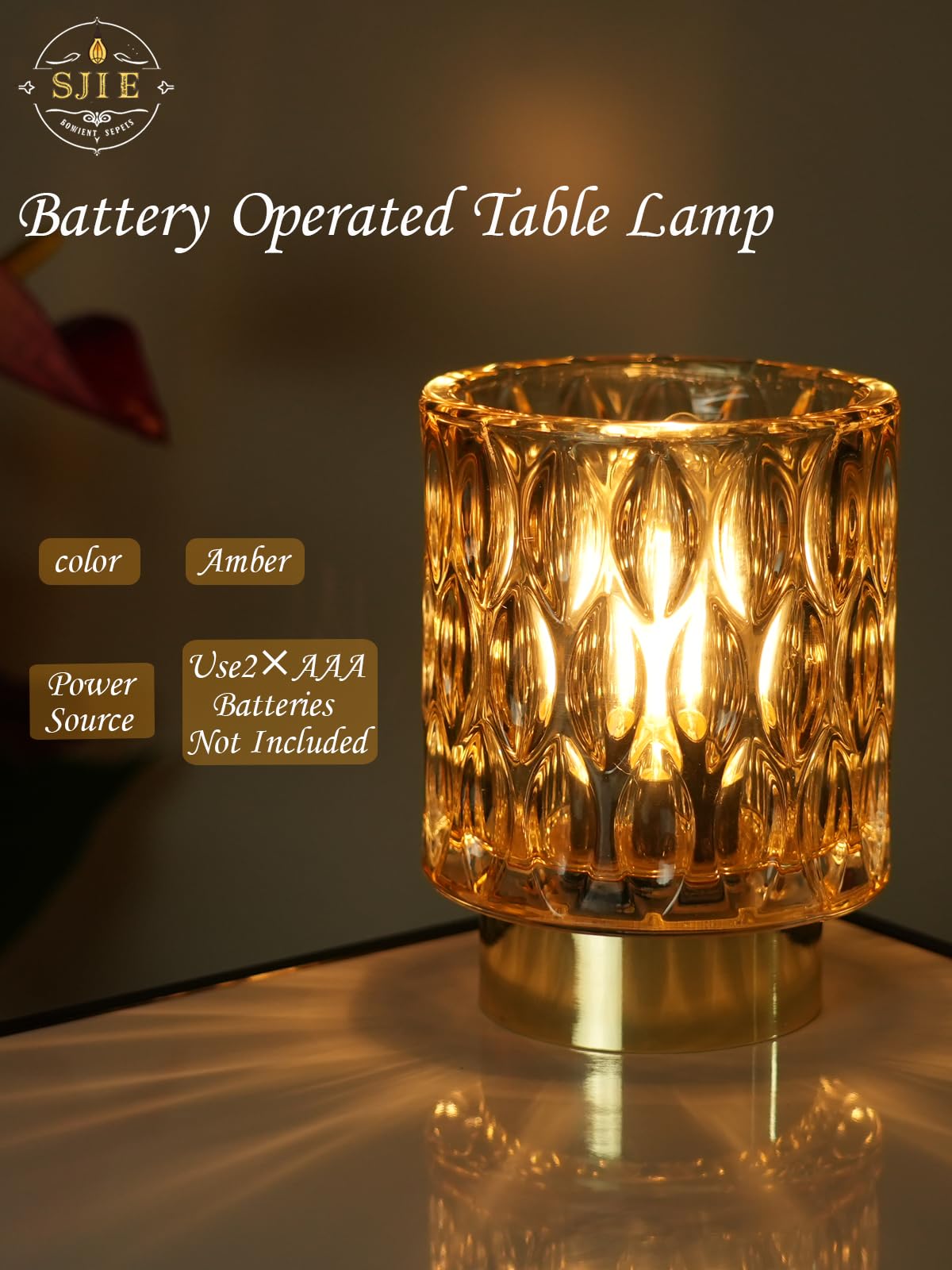 Close-up of SJIE lamp's glass base showing refined craftsmanship.