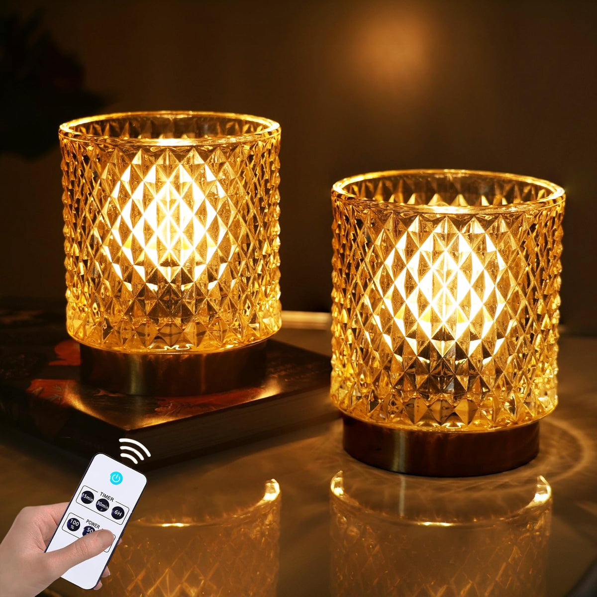 SJIE battery-operated lamp with glass base adds elegant ambiance for shelves