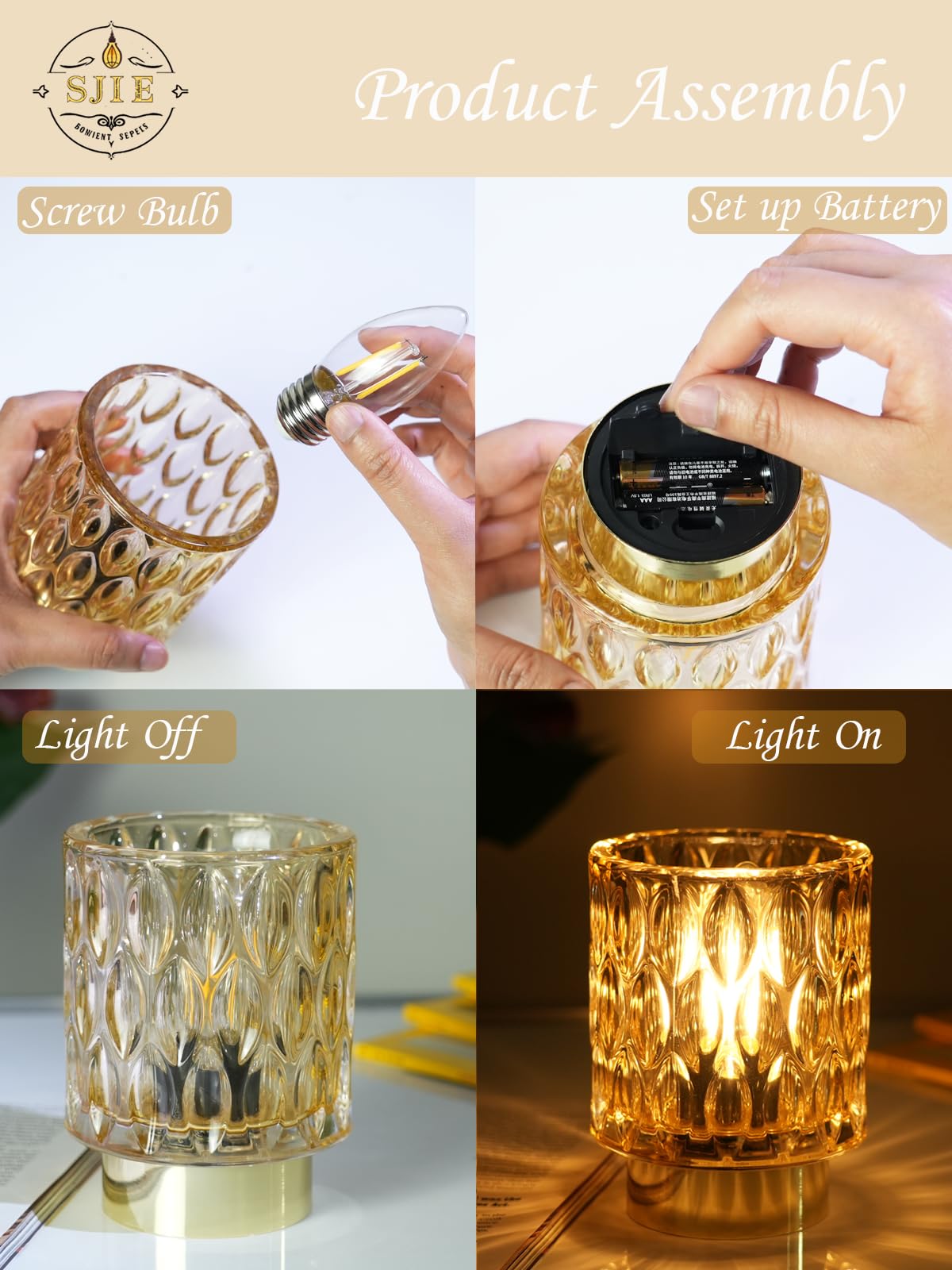 SJIE cordless lamp pictured on a nightstand for bedside lighting.