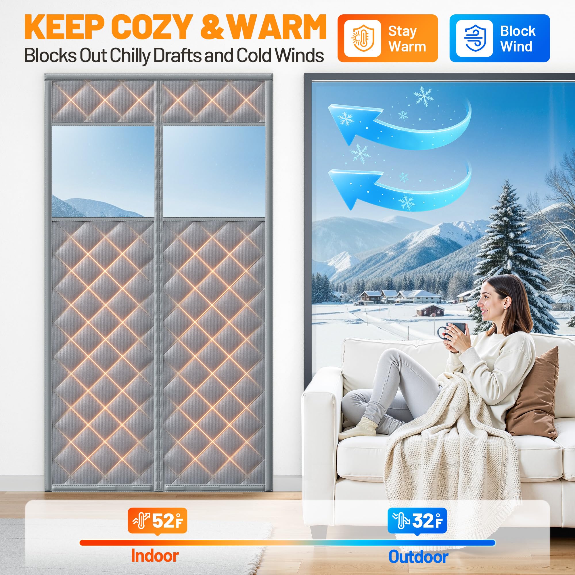 Sjuznng door curtain features a clear viewing window for visibility and insulation.