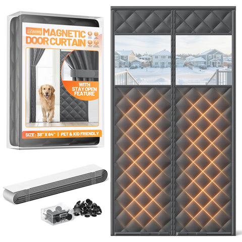 Sjuznng magnetic insulated door curtain assembly shows easy installation for a secure fit.
