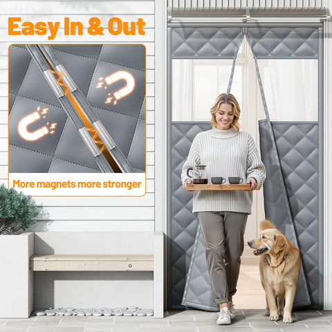 Sjuznng multi-layer insulated door curtain traps heat for a warmer room.