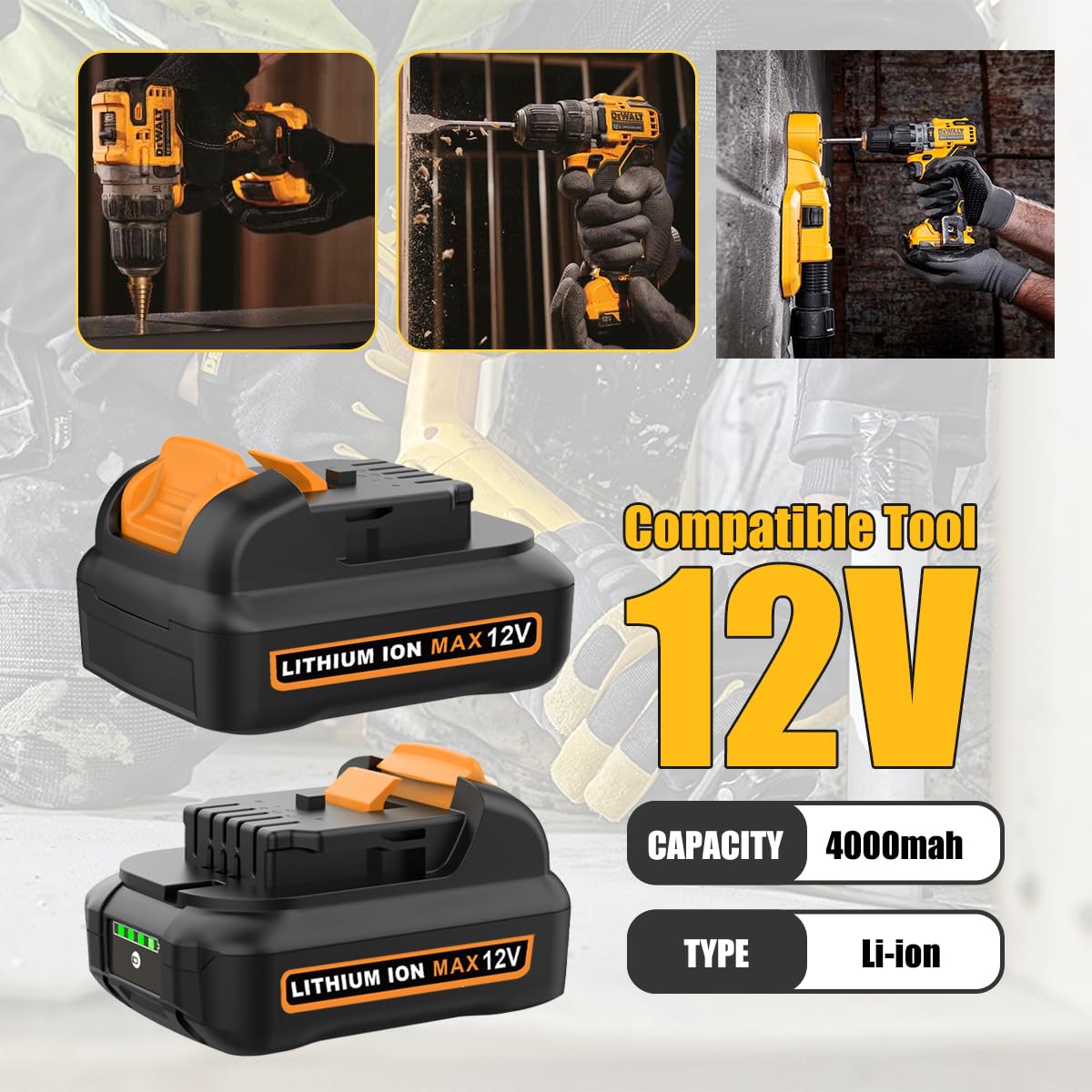 SJZNHFTOLO two-pack battery and charger kit displayed for Dewalt 12V use