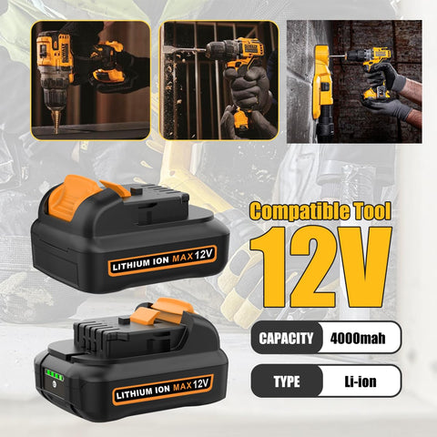 SJZNHFTOLO two-pack battery and charger kit displayed for Dewalt 12V use