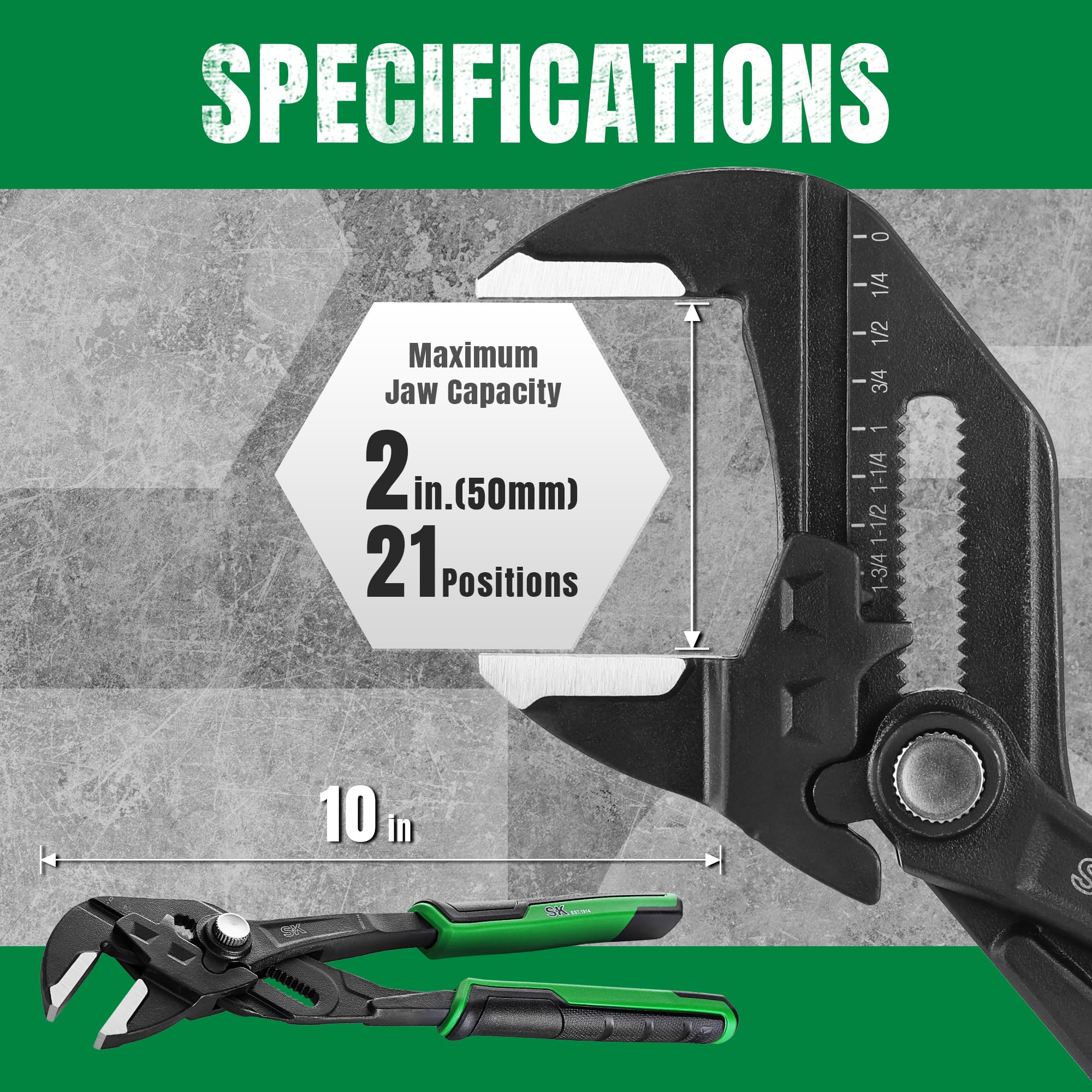 SK 10-Inch Pliers Wrench ergonomic anti-slip grips reduce fatigue.