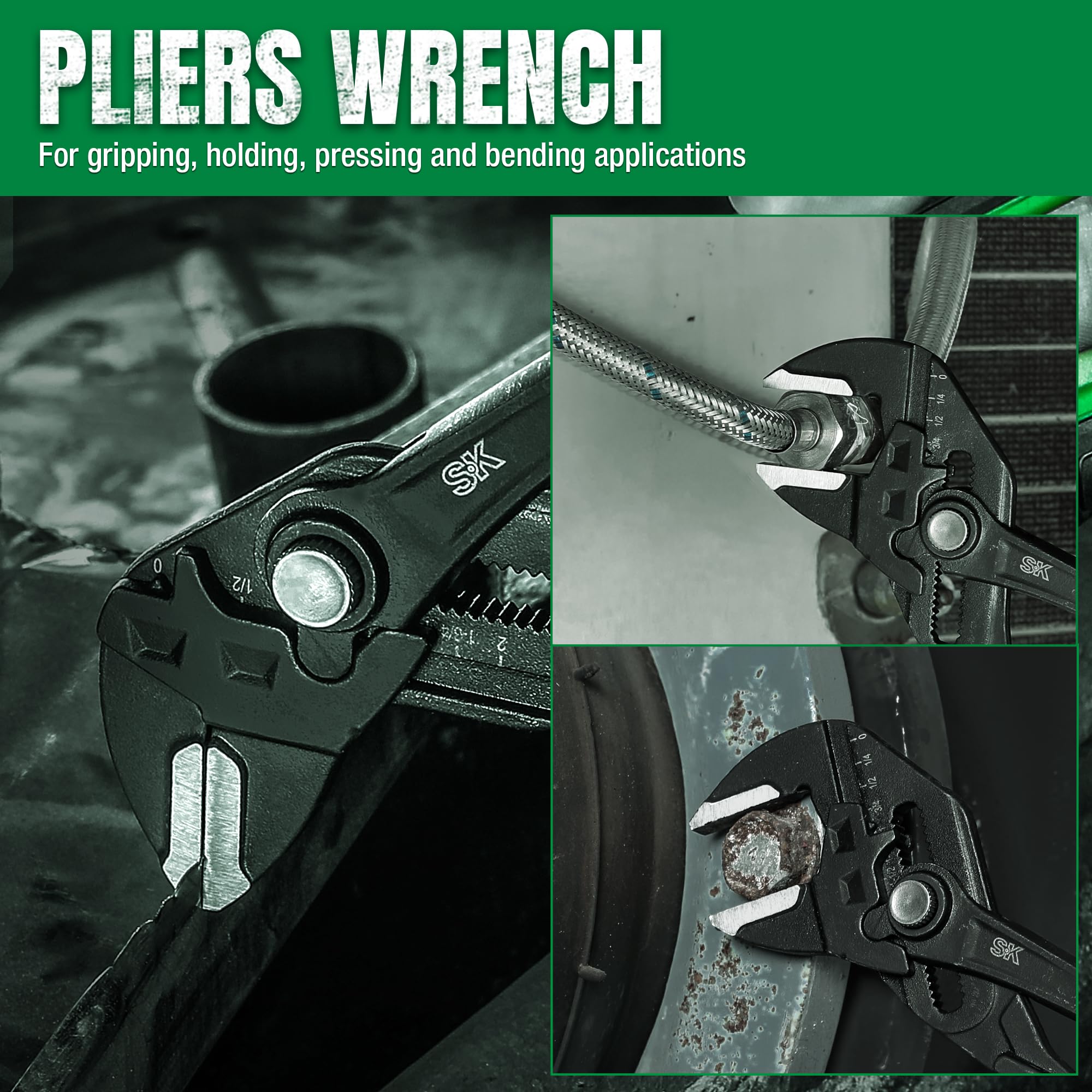 SK 10-Inch Pliers Wrench in use on fittings task.